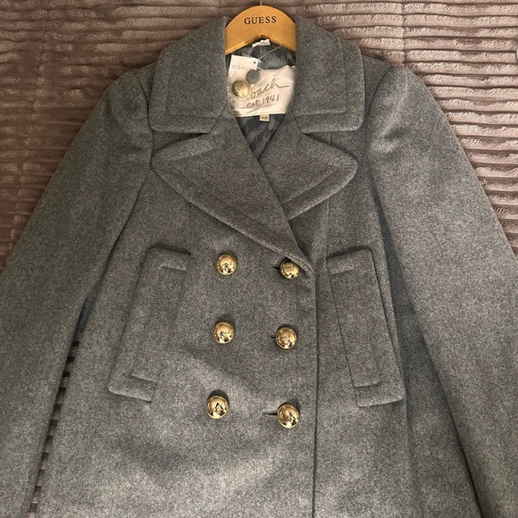 Coach Jackets & Blazers - Size XSmall double breasted Coach Heather Gray Wool Pea Coat With gold buttons.